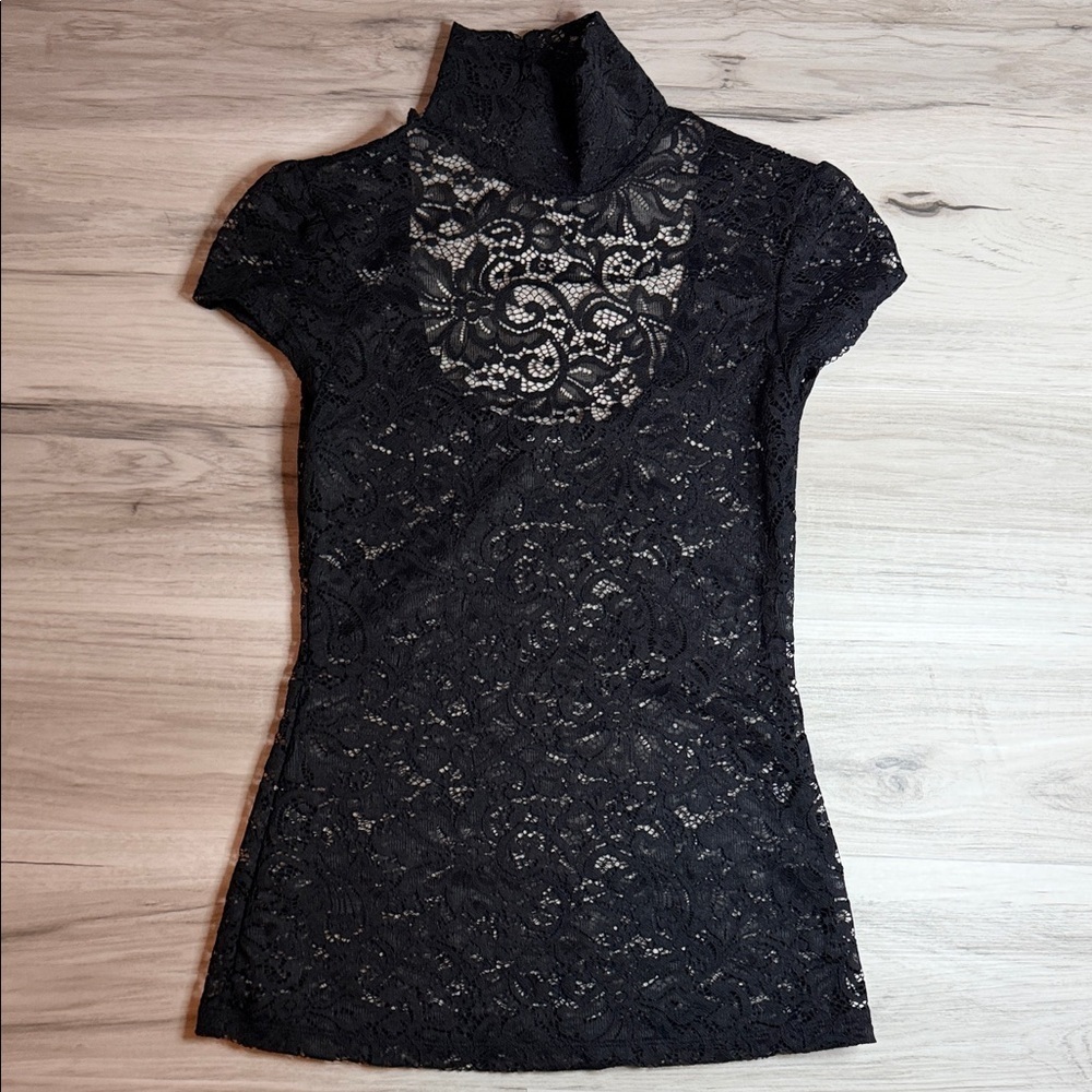 Express Elegant Black Lace turtleneck short sleeve Top size XS